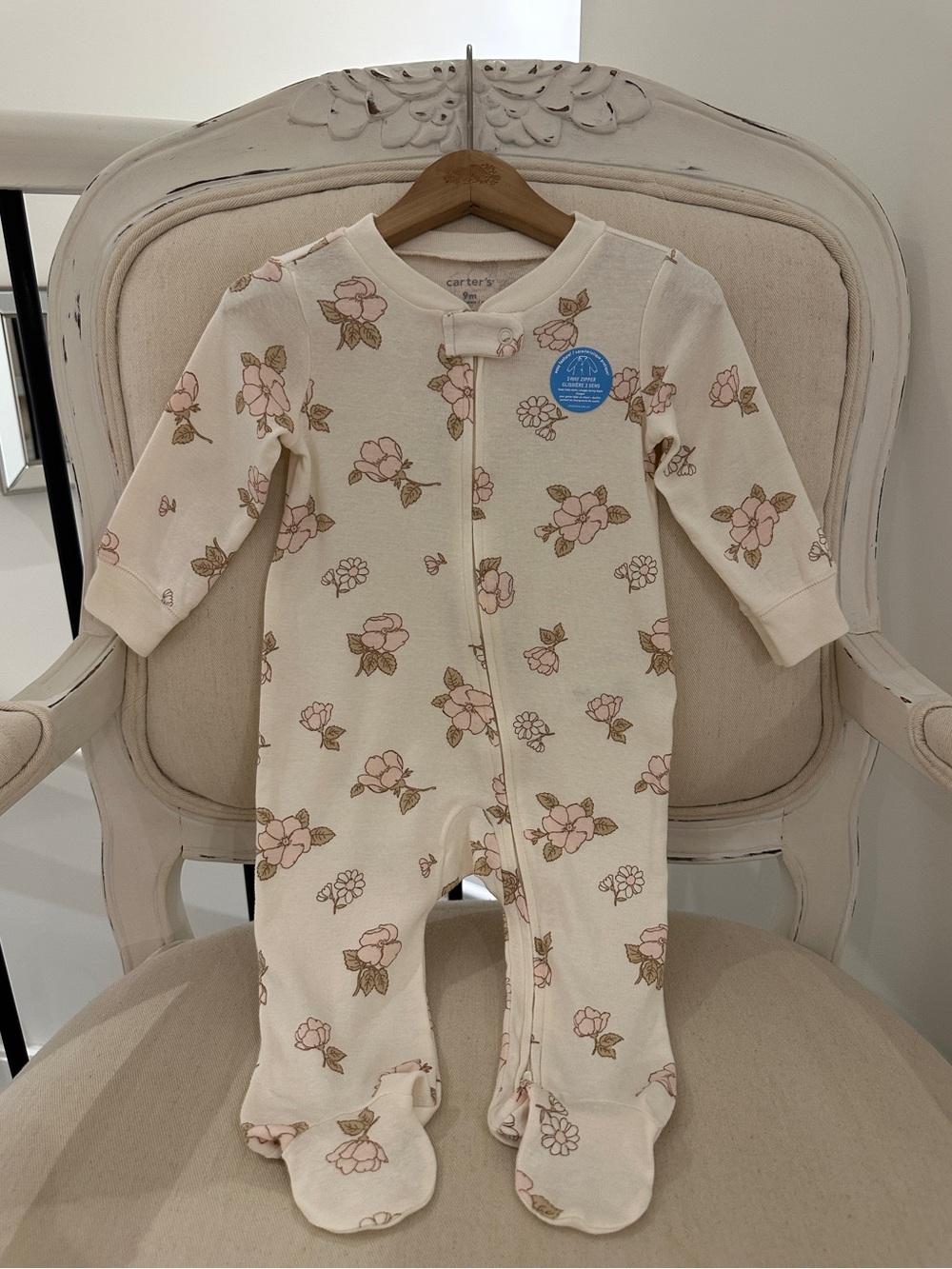 🦢 9 Mth Ivory Floral 100% Cotton Baby Footie One-Piece Sleeper NWT
